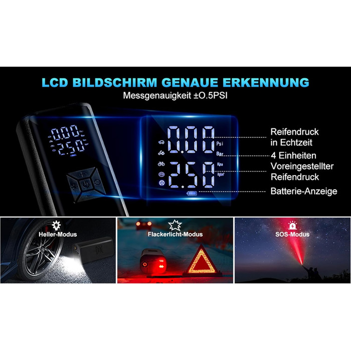 Портативна акумуляторна повітряна помпа для велосипеда - Hofeny, компресор, LED-ліхтар, для авто та мотоцикла