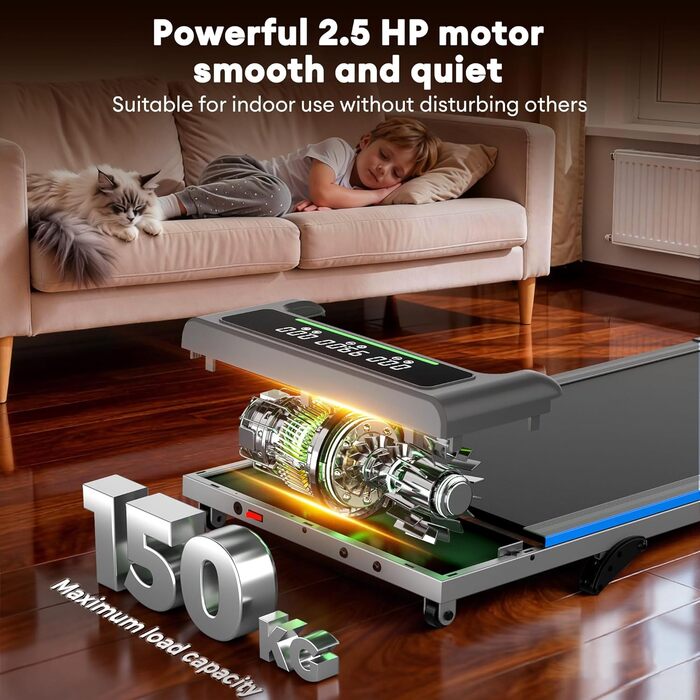 ONETWOFIT Ходунковий тренажер для дому з ручками, столик для бігу, тиха модель з нахилом та пультом керування, керування через додаток, 2.5HP, складаний біговий тренажер 12km/h з RGB-підсвічуванням