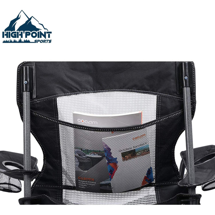 Крісло для кемпінгу High Point Sports: складне, для риболовлі, з сітчастою спинкою, міцний сталевий каркас, до 160 кг, з підлокотниками та тримачем для напоїв (Чорний)