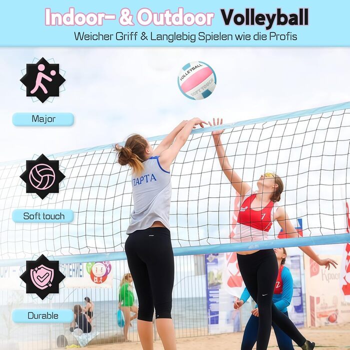 Волейбольний м'яч для пляжу та залу: м'який дотик, розмір 5, з рюкзаком та насосом, Puderblau та білий