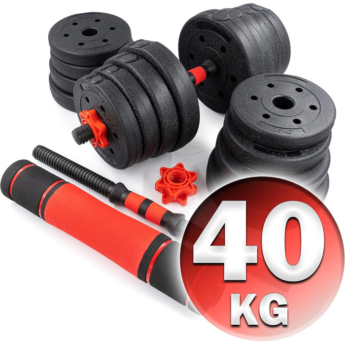 Набір гантелей та штанги C.P.Sports 2-в-1 40 кг, регульовані, для фітнесу та силових тренувань, домашній спортзал, червоно-чорний