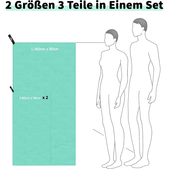 Набір з 3 рушників з мікрофібри (160x80 см + 2 шт по 80x40 см), швидковисихаючі, для подорожей, спортзалу, сауни (м'ятно-зелені)