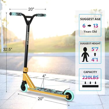 Трюковий самокат VOKUL TRII S2 Pro для фрістайлу, 100 мм колеса, хромолева ручка 360°, для дітей та дорослих, золото-синій