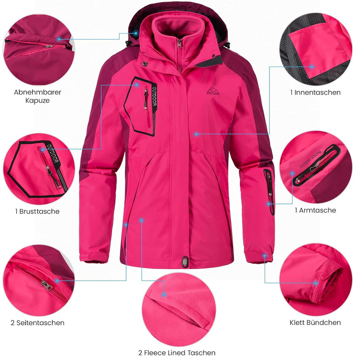 Жіноча 3-в-1 зимова куртка: водонепроникна, вітрозахисна, з флісовою підкладкою та знімним капюшоном, рожевого кольору