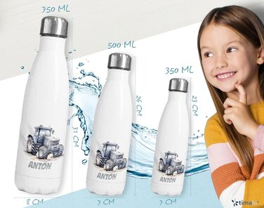 Персоналізований дитячий термос timalo® з іменем, герметична пляшка з нержавіючої сталі 350 мл, для хлопчиків і дівчаток, з трактором