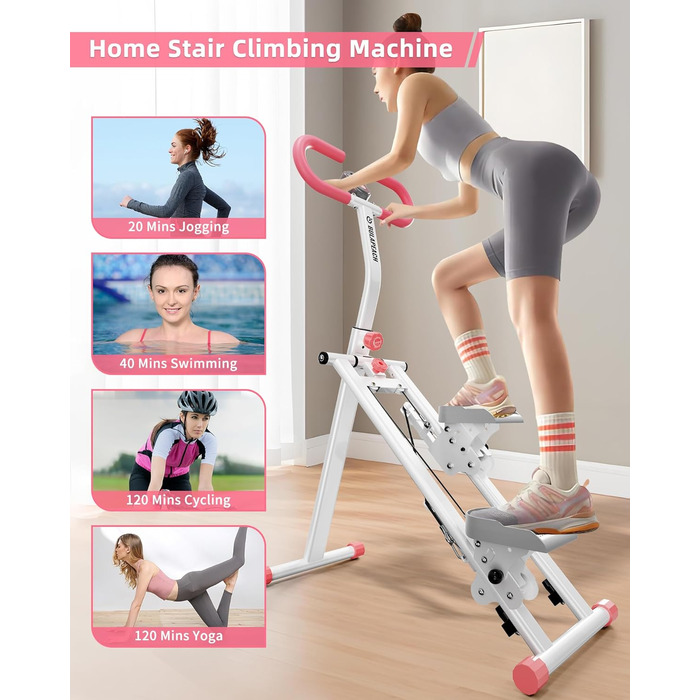 Вертикальний тренажер для кардіо, сходи для дому, вертикальний альпініст з ручкою для тренувань всього тіла, 3 регульовані висоти, LCD-дисплей, компактний та складаний, рожевий