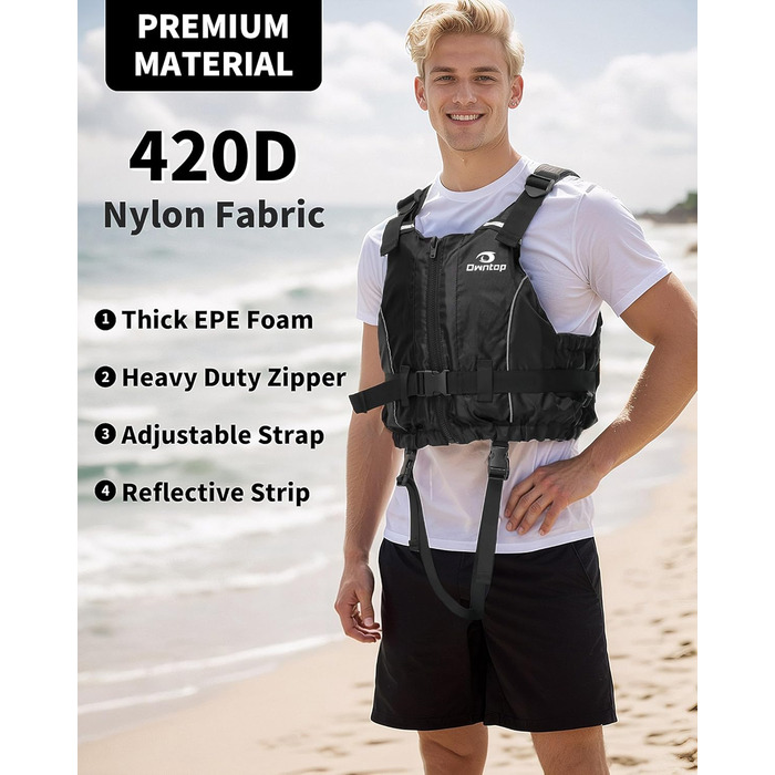 Owntop Плавуча жилетка для дорослих, штанговий ремінь, кишеня, унісекс. Підходить для SUP, каякінгу, риболовлі, вітрильного спорту, каное. Чорний колір, XL-XXL