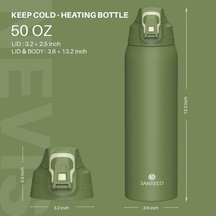 Термофляга SANTECO 1.5л з нековзним замком, нержавіюча сталь, BPA-Free, з чохлом для подорожей та кемпінгу, зелений мох