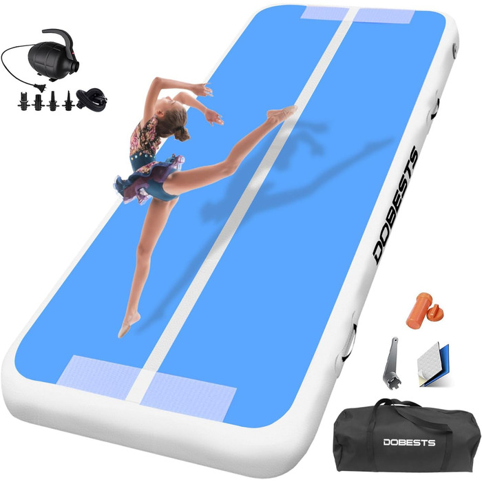 Килимок для гімнастики DOBESTS Airtrack Matte, 500x100x20 см, блакитний, з насосом та сумкою