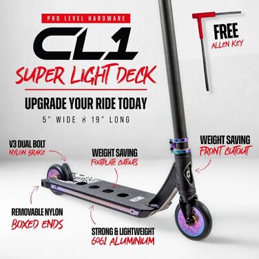 Трюковий самокат CORE Stunt-Scooter Trick 110мм, ABEC 9, для дітей та дорослих (від 5 років), регульована висота 78-96см + наклейка Fantic26 (Чорний/Райдуга)