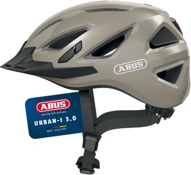 ABUS Stadthelm Urban-I 3.0: шолом для велосипеда з ліхтариком, козирком та магнітною застібкою, для жінок та чоловіків, розмір L (56-61 см), білий (polar white), сірий (monument grey)