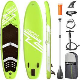 Надувне SUP Board FBSPORT для Stand-Up Paddling з регульованим алюмінієвим веслом та насосом, 15 см товщина, комплект FruitGreen