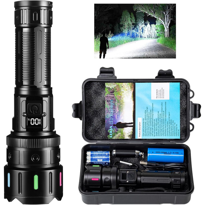 LED ліхтар Lekia 500000 Люмен, перезаряджуваний USB-C, 5 режимів, Zoom, водонепроникний, 5000mAh, для кемпінгу та надзвичайних ситуацій