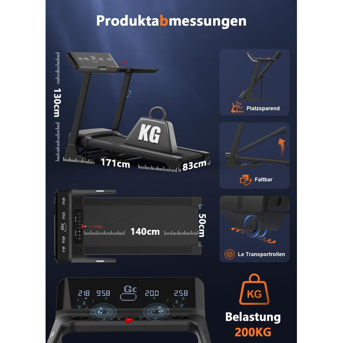 Біговий тренажер Cowmew для дому, 7HP, складаний, кут нахилу 20%, швидкість 1-20 км/год, сумісний з додатком, вантажопідйомність 200 кг, LCD дисплей, датчик пульсу, велика бігова поверхня, консоль керування чорного кольору