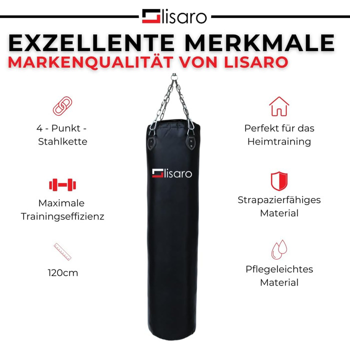 Боксерський мішок Lisaro Profi Boxsack 120x35 см для боксу, кікбоксингу та MMA, штучна шкіра (вініл), чорний, без наповнення