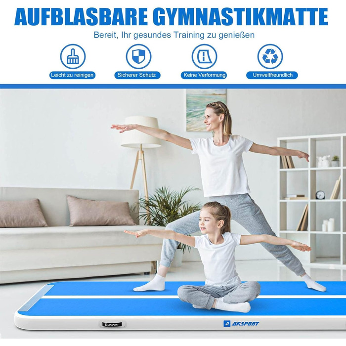 AKSPORT Надувний гімнастичний мат з повітряною подушкою, 3/4/5/6м, 10/20см, 300x100x10см, синій