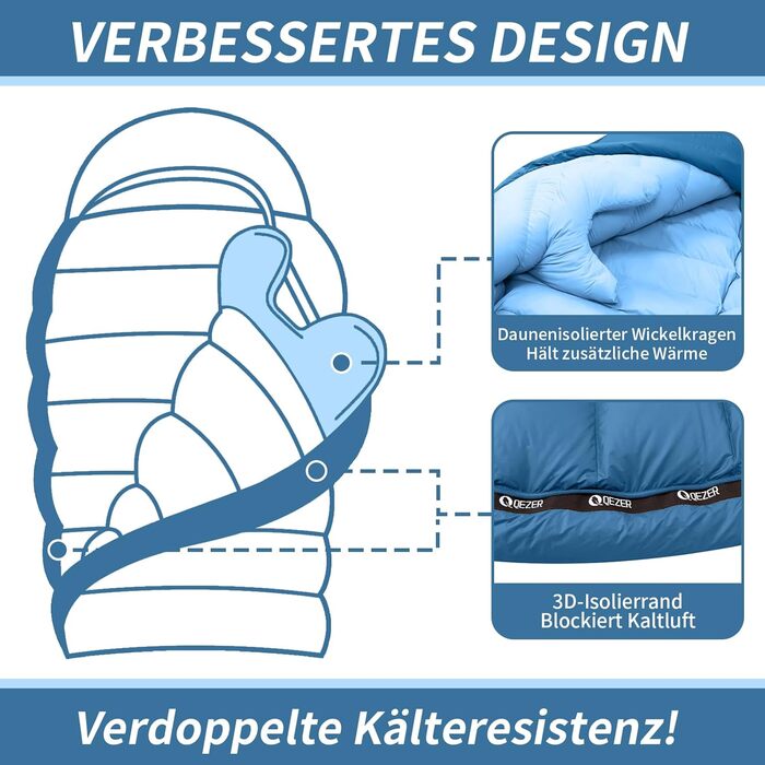 Спальний мішок Daunenschlafsack: теплий зимовий спальник з гусячим пухом 650 fill power, RDS-сертифікований. Діапазон температур: від 8°C до -30°C. Ідеально підходить для кемпінгу та альпінізму. Чорний (-10°C), Синій (-3°C)