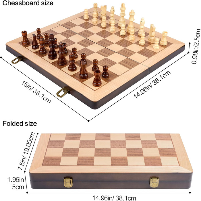 Набір шахів та шашок з дерева 15 дюймів, класичні складані ігри з фетровим внутрішнім відділенням для зберігання, 2 додаткові відсіки для фігурок шашок та шахів