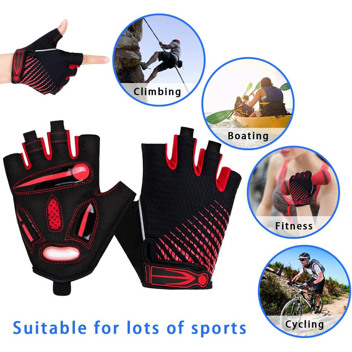 Фінгерові велосипедні рукавички з гелевою подушкою для жінок та чоловіків, дихаючі, антиковзкі, для шосе, гірського велосипеда, тренувань, фітнесу, спорту, червоні, розмір M