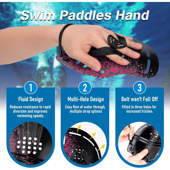 Професійні плавальні весла для тренувань, вигнуті, гідродинамічний дизайн, регульовані ремінці, рожеві