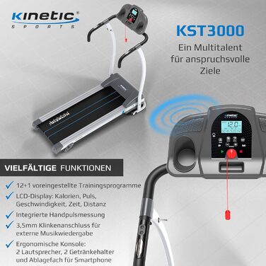 Бігова доріжка KINETIC SPORTS Pro KST3000, складана, 1100 Вт, 12 програм, нахил, динаміки, до 12 км/год, велика бігова поверхня