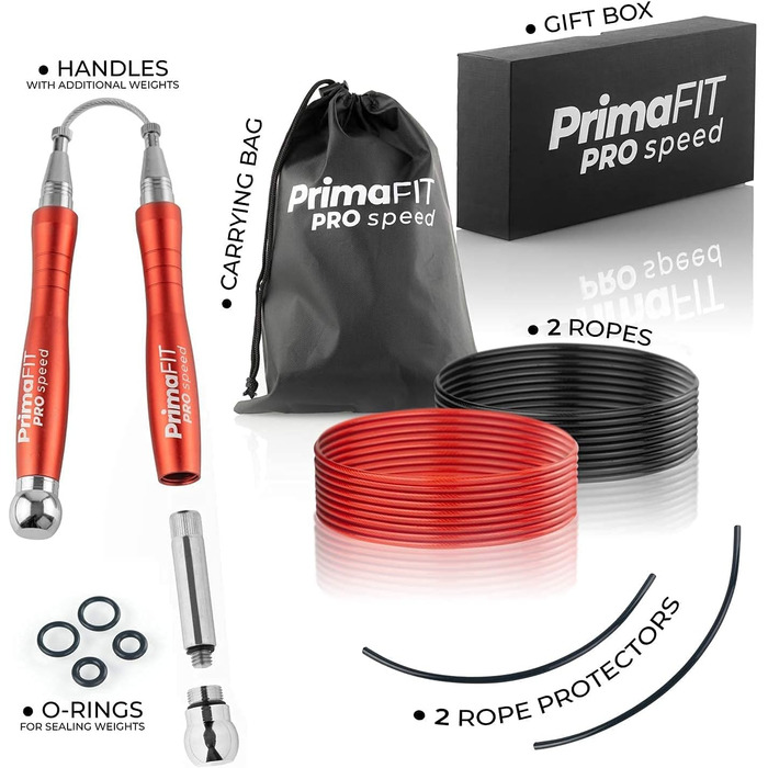 Скакалка PrimaFIT для дорослих 3м, регульована з обважнювачами, 2 підшипники, антиковзні ручки, сталева мотузка, для боксу, MMA, кросфіту, з чохлом, червона