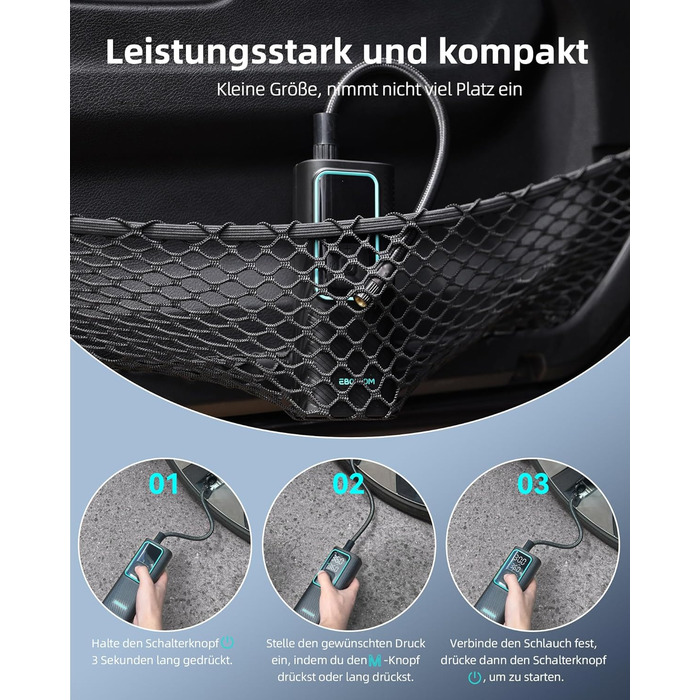 Електрична повітряна помпа 10.3 Bar з акумулятором, компресор Mini 6000mAh & 12V DC, портативна помпа для авто, мотоцикла, велосипеда з LED-підсвічуванням та автоматичним відключенням, блакитна I7