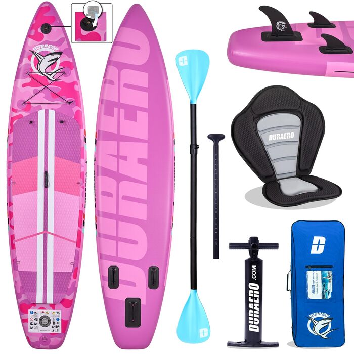 Надувний SUP (Stand Up Paddle Board) з кріпленням для камери, рожевий, 330x76x15 см, до 150 кг, з насосом та рюкзаком