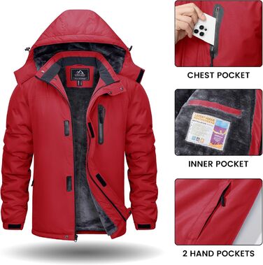 TACVASEN Зимова куртка для чоловіків, водонепроникна, тепла, флісова підкладка, софтшелл, дихаюча, функціональна куртка з капюшоном (M, Червоний)