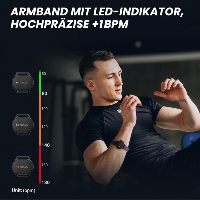 Пульсометр на браслет CYCPLUS з Bluetooth 5.1 та ANT+, LED-індикатор зон пульсу, водонепроникність IP67, для бігу, їзди на велосипеді, фітнесу та спорту (чорний)