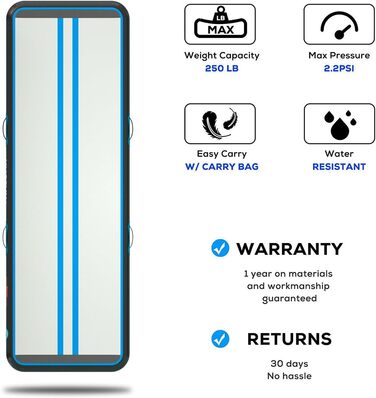 Надувний гімнастичний мат для тренувань 6м (YZ-Black+Blue) - килимок для йоги, акробатики, таеквондо
