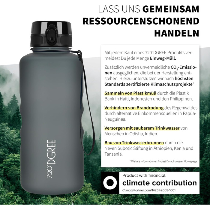 Пляшка спортивна 720°DGREE 'uberBottle' з ситечком, 1.5л, чорна - BPA-Free, для спорту, школи, фітнесу, велосипеда, прогулянок. Легка, Tritan