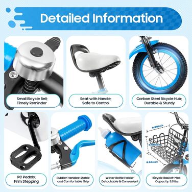 Дитяче велосипед 12 дюймів з регульованою висотою сидіння, з додатковими колесами та кошиком, для хлопчиків та дівчаток 2-5 років, блакитний