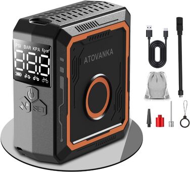 Електричний компресор ATOVANKA 150PSI для велосипеда, авто, мотоцикла та м'ячів, портативний, акумулятор 2400mAh, LED-дисплей