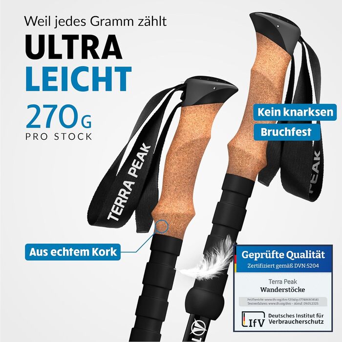 Трекінгові палиці Terra Peak® Premium Telescopic з карбону/алюмінію, розтягуються, з мікрофіброю, для жінок та чоловіків, регульовані, з гумовими буферами