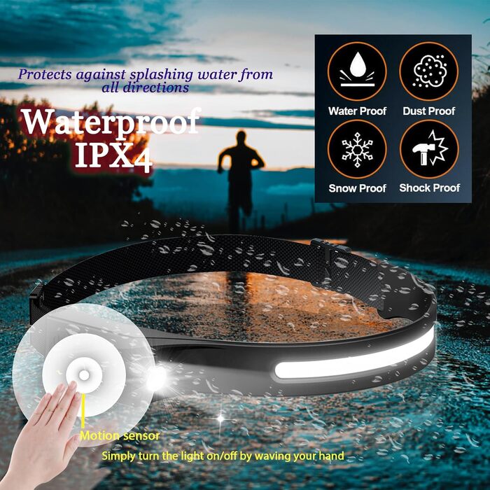 Налобний ліхтар Vokida Outdoor Vibes з широким кутом огляду, LED, USB, перезаряджається, датчик, чорний