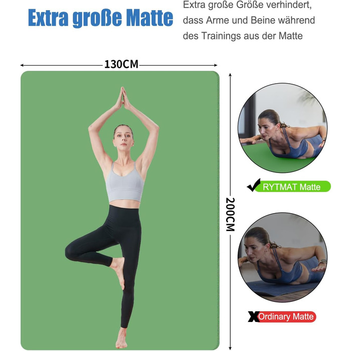 Килимок для йоги XXL 200x130 см: фітнес-мат з NBR, товщина 20/15/10 мм. Підходить для йоги, фітнесу, занять з дітьми та для людей похилого віку. Зелений, товщина 20 мм