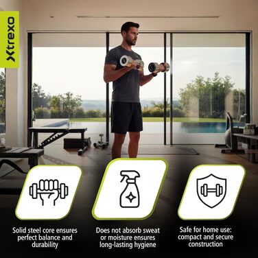 Набір гантелей XTREXO Verte Kurz – 2 шт. (2.5–12 кг) – сталеві гантелі з неслизьким грифом, міцна поверхня, довговічні – ідеальні для силових тренувань вдома та в спортзалі (хром, 2 x 12 кг)