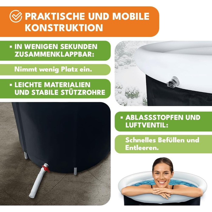 Естонна 320 L – Складана ванна для дорослих, для відпочинку та холодотерапії з насосом, кришкою, клапаном та підтримуючі трубки – Міцна ванна з ПВХ