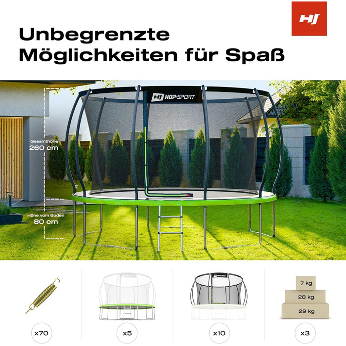 Трамплін Hop-Sport Outdoor – діаметр 244/305/366/427/488 см. Комплект з захисним сіткою, вигнутими ніжками та сертифікатами безпеки. У комплекті: сходи та захисний бордюр (для моделі 366 см)