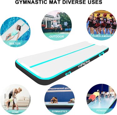 Надувний гімнастичний мат для акробатики та tumbling (6м x 1м x 10см) з електронасосом, зелений/чорний