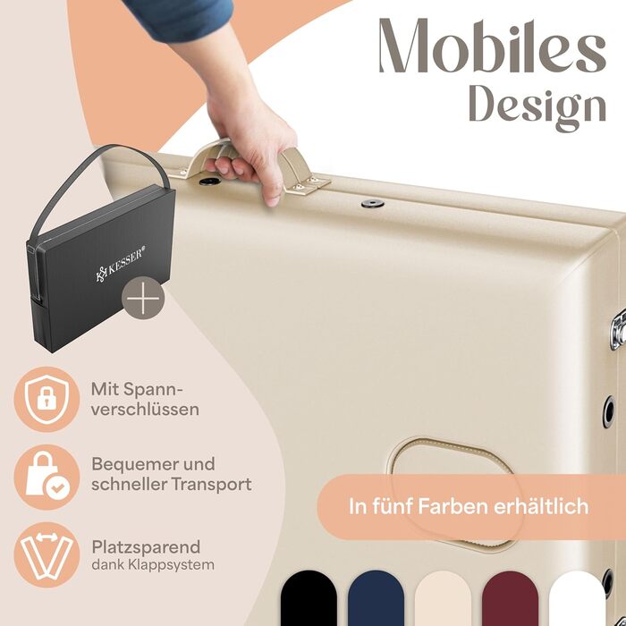 Масажне ліжко KESSER® з 3 зонами, до 250 кг, складне, регульоване, з аксесуарами (підголовник, підлокітники, сумка), антиковзне покриття, бежеве