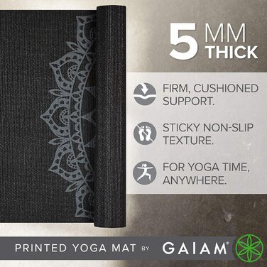 Йога мат Gaiam Premium 5 мм – антиковзка тренувальна килимок для йоги, пілатесу та фітнесу (172.7 x 61 x 5 мм), чорний, Marrakesch