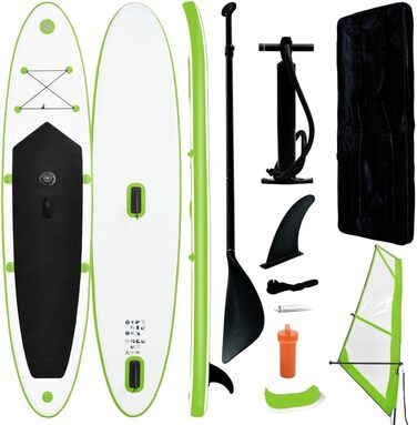 Надувна SUP-дошка з вітрилом vidaXL 330x72x10 см, набір для сапсерфінгу, зелено-біла, з веслом і сумкою для перенесення