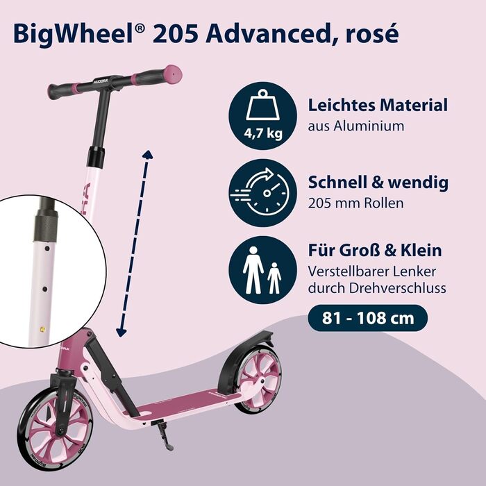 Самокат HUDORA BigWheel 205 Advanced, алюмінієвий, до 100 кг, складаний, висота регулюється, для дітей, підлітків і дорослих