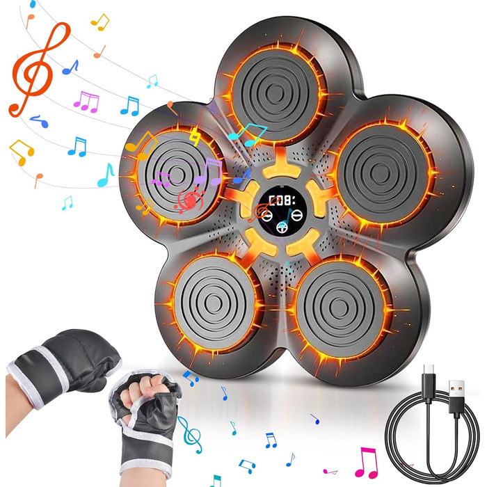 Музична боксерська машина Forhome з LED-підсвіткою та рукавичками, 9 режимів швидкості, Bluetooth, великий розмір, для дому та спортзалу (чорний)