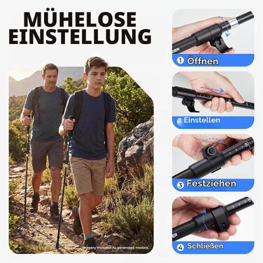 Телескопічні трекінгові палиці для ходьби з алюмінію 7075, регульовані (110-135 см) з ергономічним EVA-грипом, чорні