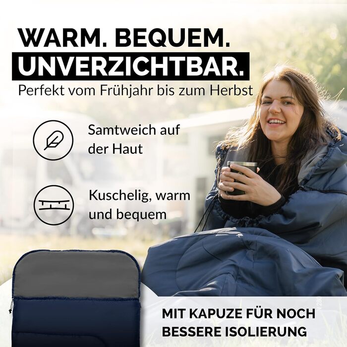 Спальний мішок для кемпінгу з капюшоном до -3°C з подушкою - зимовий та літній спальний мішок 3-4 сезони (75 x 220 см) - туристичний спальний мішок для жінок та чоловіків (теплий) Зелений (Блакитний, 280GSM, з капюшоном)