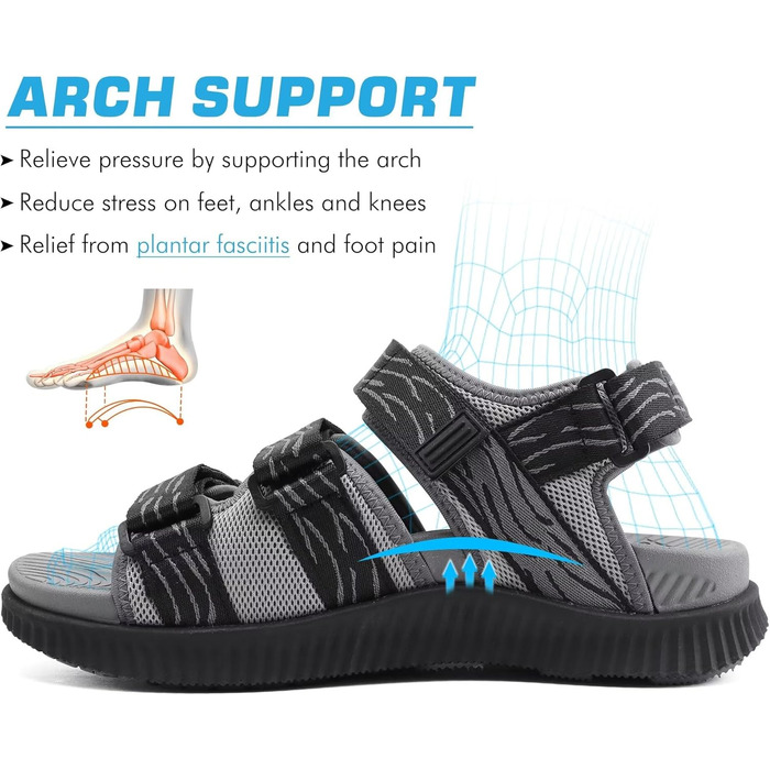 Чоловічі трекінгові сандалі KuaiLu: зручні, ортопедичні, для підтримки стопи при фасціїтісу, літні, легкі, відкриті, з регулюванням на липучці (44 EU, чорно-сірий)