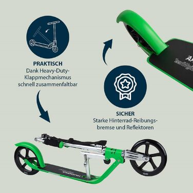 Самокат HUDORA BigWheel 205 для дітей і дорослих, складаний, регульована висота, до 100 кг, з тросовим замком і ременем для перенесення, для міста, від 6 років